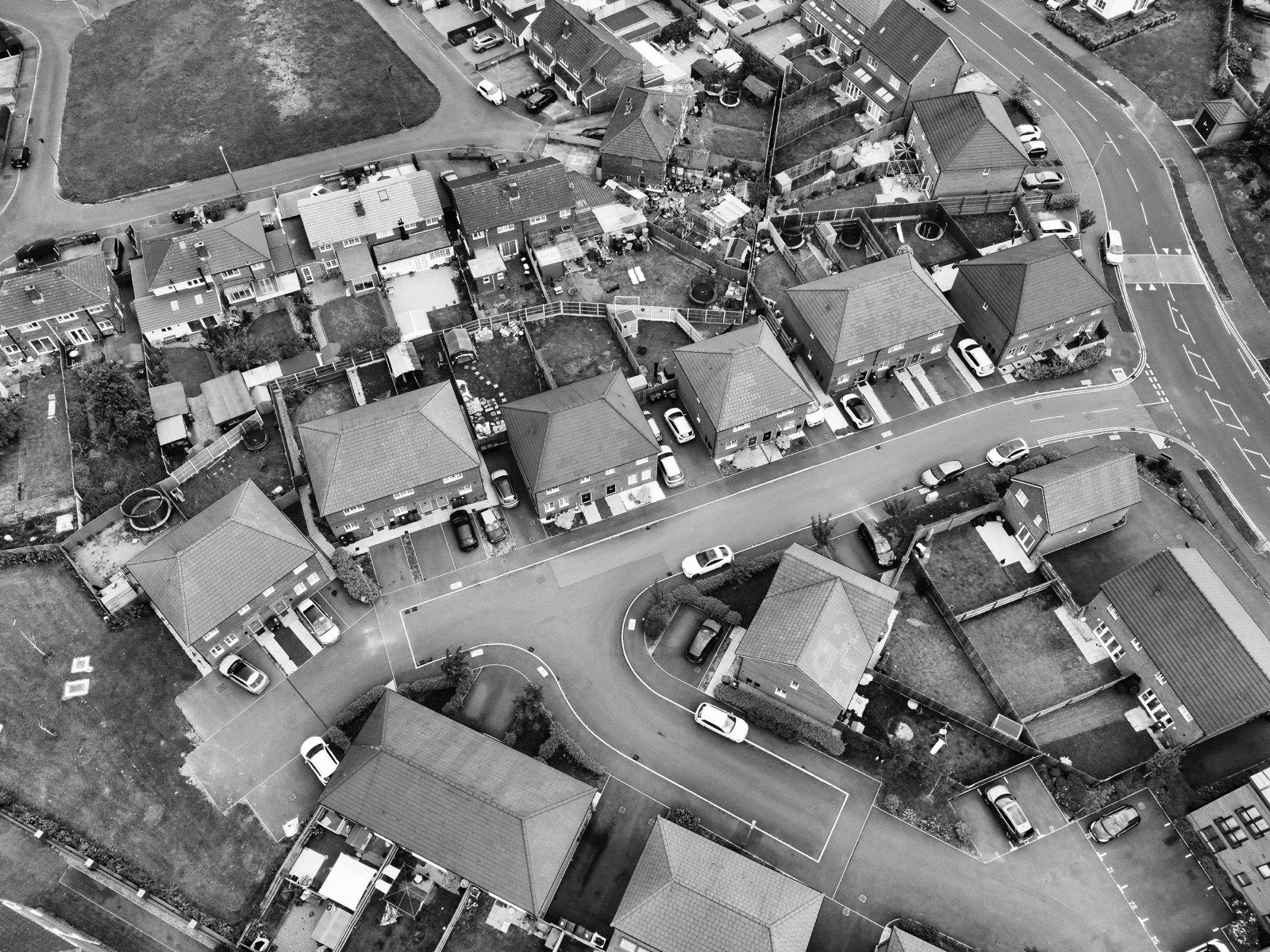 Aerial view of residential rooftops — generating more roofing leads